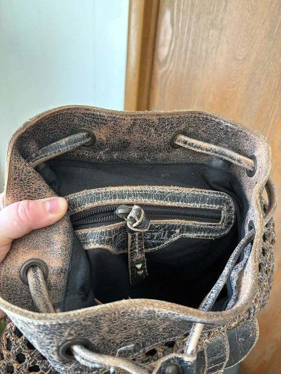 Bed Stu Distressed Brown and Tan Leather Woven Backpack - Picture 5 of 7